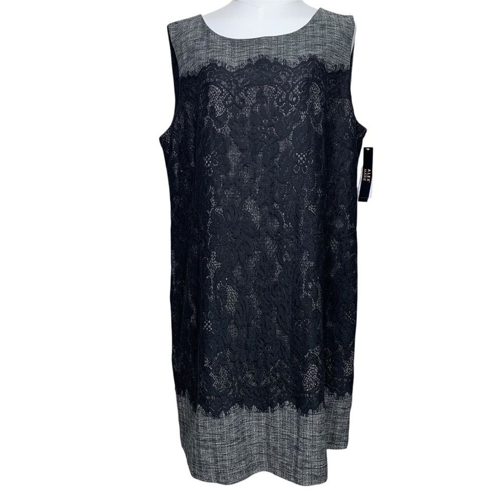 Alex Marie Shift Dress Womens 16 Black Grey Lace Overlay Sleeveless Textured